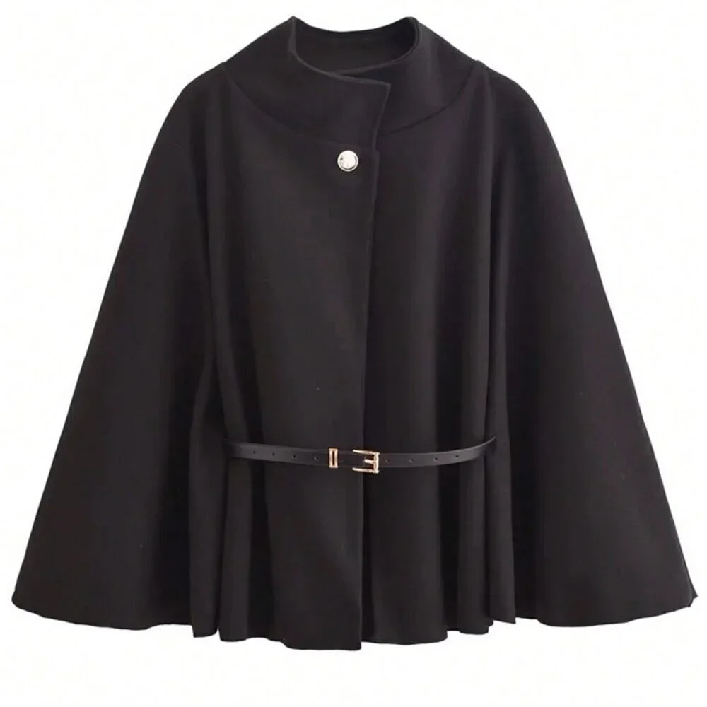 Black Casual Women's Elegant Stand Collar Loose fit belted Coat Jacket